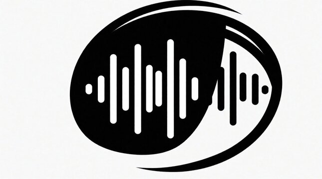 Monochrome abstract icon features sound wave equalizer bars within circular shape. Geometric audio symbol represents podcast broadcast media, digital sound recording. Clean graphic for apps, branding.