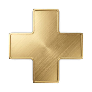 Golden plus sign isolated on transparent background, 3d render of a metallic cross symbol with brushed texture