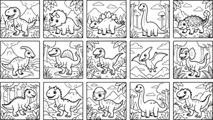 Set of cute dinosaur coloring pages for kids with prehistoric jungle background scenes © Mostafizur