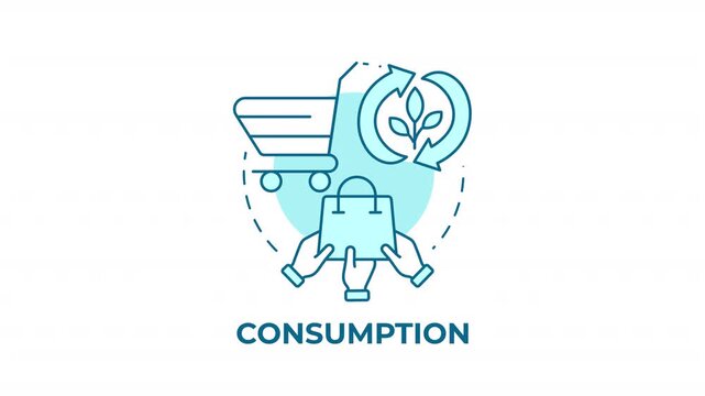 Consumption blue concept icon animation. Sustainable circular economy practices. Consumer shopping habits. Market demand. Cyan circular animated abstract idea. HD video with alpha channel
