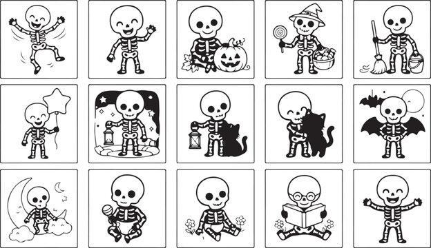 Set of cute skeleton character icons for halloween in black and white doodle style