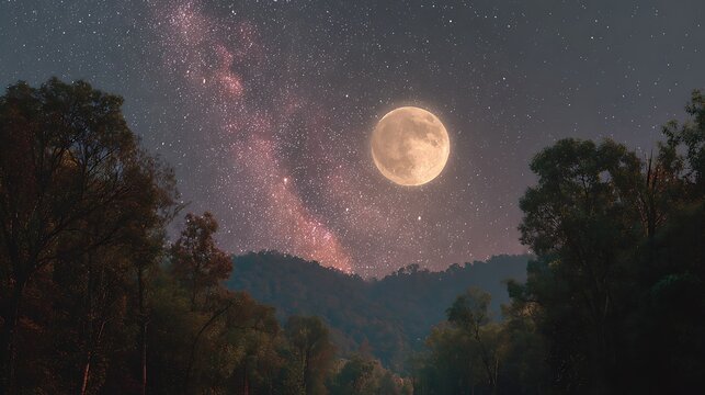 Pink and purple sky with full moon over mountain silhouettes at dusk