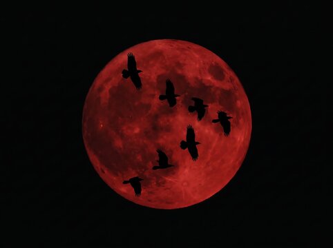 Blood Moon Silhouetted With Flying Birds Against Night Sky