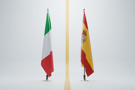 Italian and Spanish flags separated by a yellow line on a white background. Conceptual image representing European borders,  migration policy, international relations, and EU partnerships.