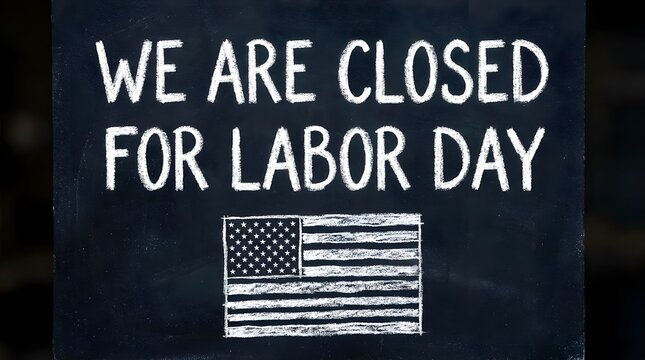 Chalkboard sign with the text we are closed for labor day and a handdrawn american flag illustration, representing a holiday closure notice for a business