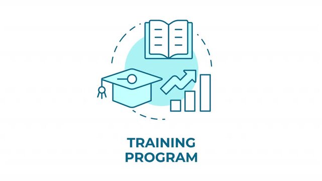 Training program blue concept icon animation. Modern workforce skill advancement. Professional development and career growth. Cyan circular animated abstract idea. HD video with alpha channel
