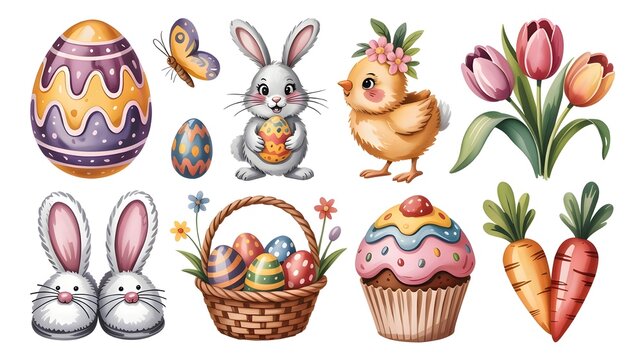 Easter holiday elements set with cute bunny, chick, colorful eggs, basket, tulips, cupcake, butterfly and carrots isolated on white background