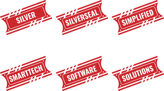 Distressed Red Ribbon Emblem Collection: Silver, Silverseal, Simplified, Smarttech, Software, and Solutions