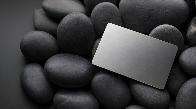 Brushed metal card resting on smooth dark river stones for a modern spa aesthetic