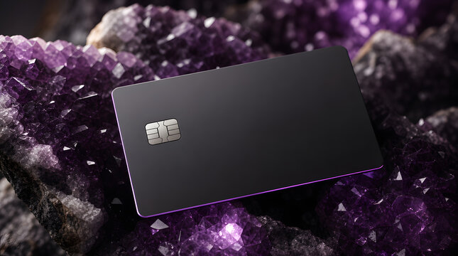 Sleek matte black payment card with chip resting on vibrant purple amethyst crystals