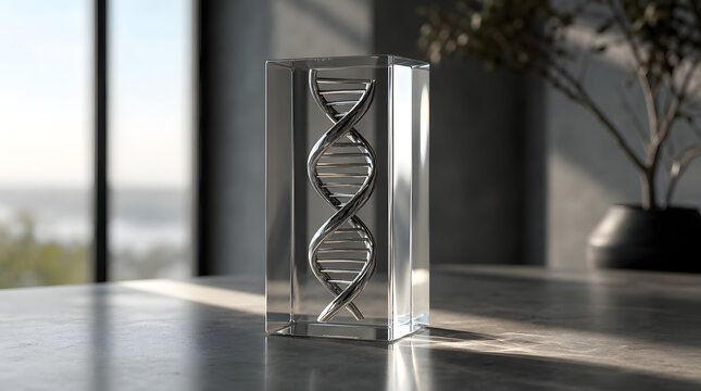 Polished titanium DNA double helix sculpture encased in glass