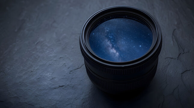 Camera lens reflecting the vastness of the starry night sky and Milky Way