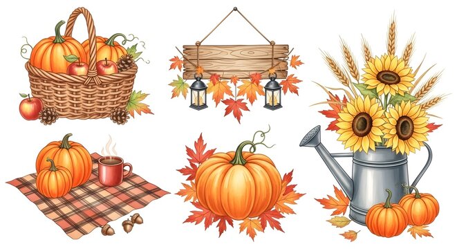 Set of autumn elements with pumpkins, sunflowers, basket, wooden sign, watering can, and cozy coffee cup isolated on white background