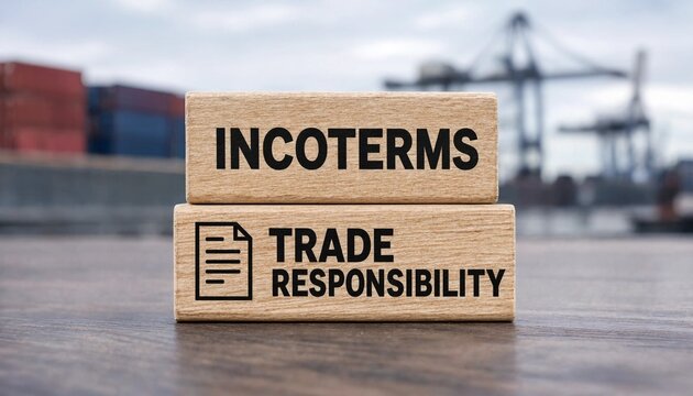 Incoterms trade responsibility wooden blocks displayed against shipping containers and port cranes background