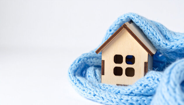 Miniature wooden house wrapped in soft warm blue scarf, clean light background, cozy home concept, comforting atmosphere. Close-up.