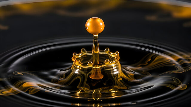 Golden liquid droplet splashing into water creating ripples and a crown shaped splash against a dark background