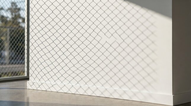 Chain link fence shadow cast on a white interior wall