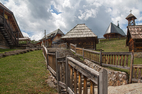 Drvengrad, Mokra Gora, Serbia-July 22, 2026: The ethno village also known as K&uuml;stendorf or Wooden Village,built by director Emir Kusturica in 2002-2004 for his film "Life is a Miracle" (Život je čudo)