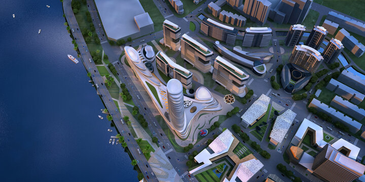 Modern buildings in the city at sunset, 3d rendering. Shopping Mall.