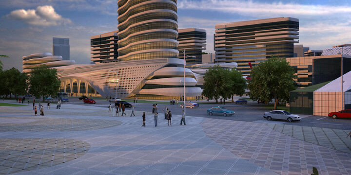 Modern buildings in the city at sunset, 3d rendering. Shopping Mall.