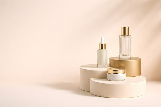 Beige Podium with Cosmetic Skincare Bottles and Cream Jar in Minimalist Studio Display