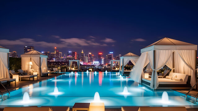 Luxury rooftop pool with cabana and city skyline at night modern hotel or resort with outdoor leisure and relaxation