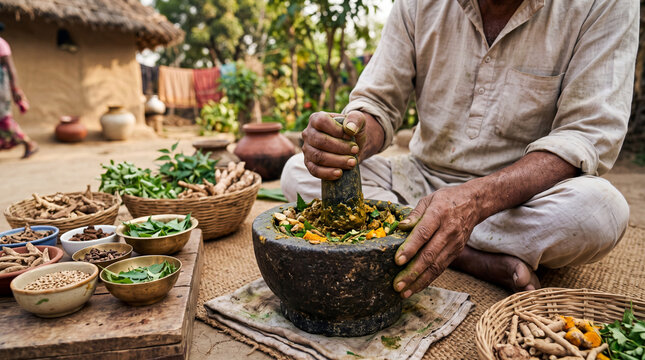 Closeup of Ayurvedic medicine preparation outdoors in India, natural healing process with herbs, spices, and roots, concept of wellness, balance, and cultural tradition. ayurvedic