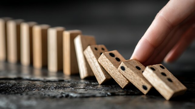 Risk management concept with falling domino stopped handk dea ddc ebec