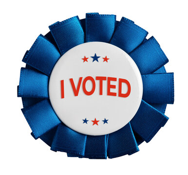 Blue rosette ribbon button with i voted text, representing civic engagement, on transparent background