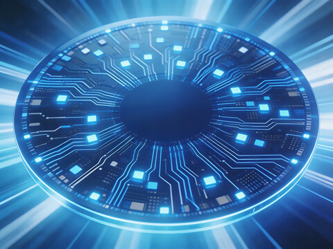 Circular circuit board with glowing blue lights