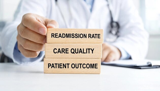 Medical professional holding blocks representing hospital metrics like readmission rate care quality and patient outcome