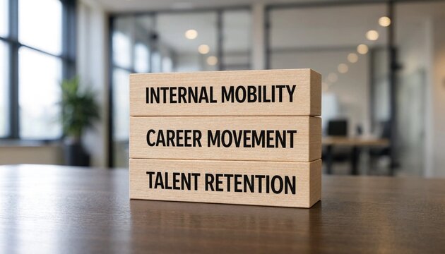Modern office setting showcasing wooden blocks emphasizing internal mobility career movement and talent retention concepts