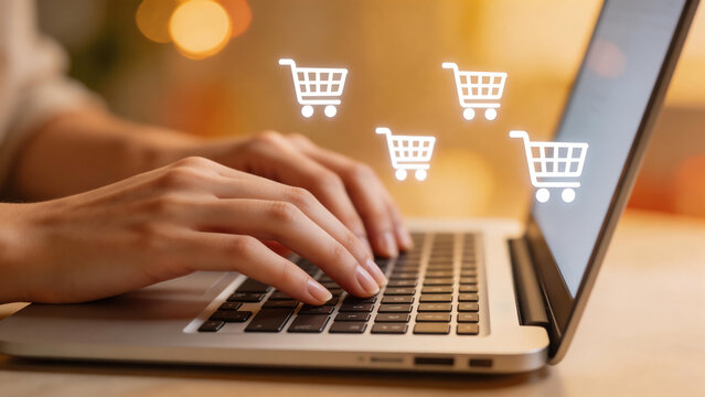 Hands typing on laptop with shopping cart icons