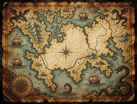 Old pirate treasure map shows ships dragons sea monsters islands mountains compass rose. Vintage cartography art with faded details and blank space for text.