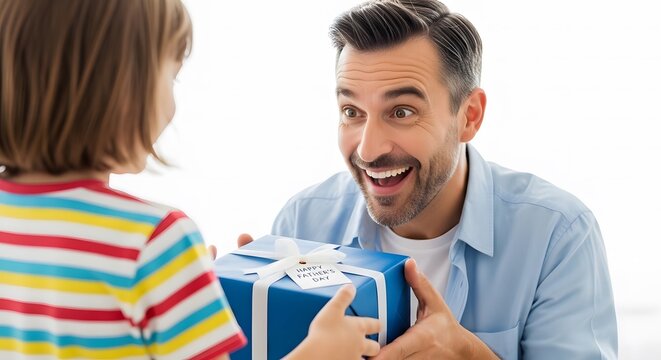A happy young daughter gives a wrapped blue gift box to her surprised father during a joyful celebration at their bright home