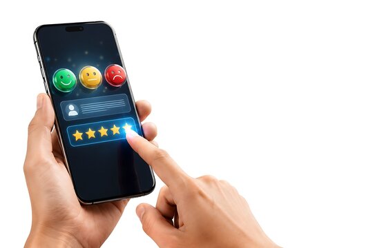 Smartphone displaying a customer feedback survey with star ratings and emotive face icons studio shot customer feedback customer review feedback form