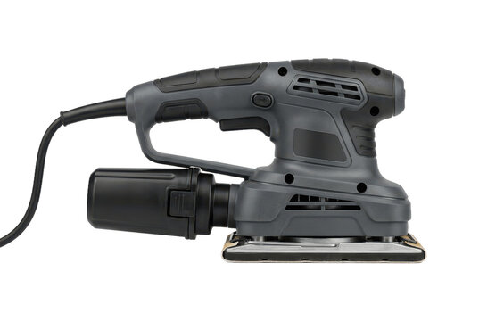 Electric handheld orbital power sander on black background