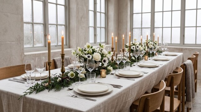 Long festive dinner table decorated with white flowers and candles