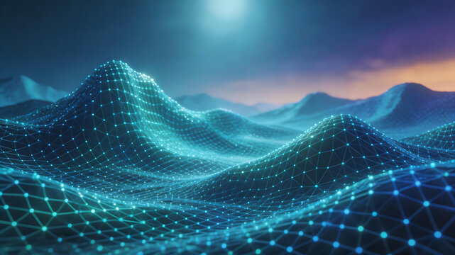 Digital mountain landscape with glowing nodes