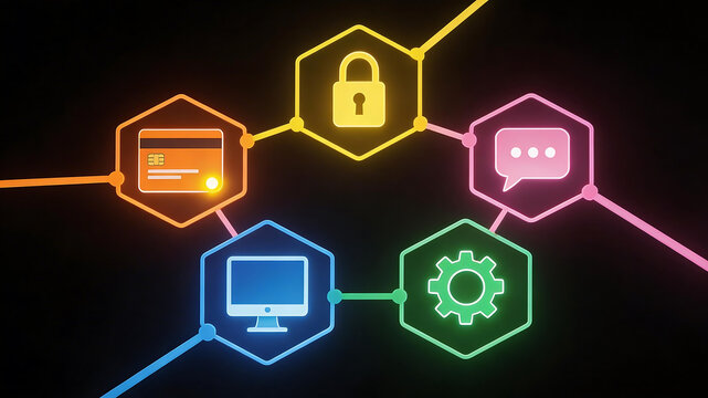 Neon hexagon network with icons