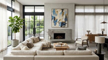 Obraz premium Modern living room interior design with fireplace and large windows