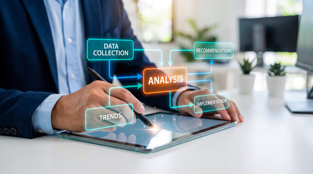 Business professional analyzing data trends with digital pen on tablet showcasing data collection, analysis, recommendations, and implementation
