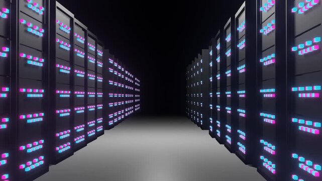 3D animated scene showing a camera movement through modern server units with glowing indicator lights. A futuristic data center environment suitable for technology, cloud computing, AI, SaaS, and digi
