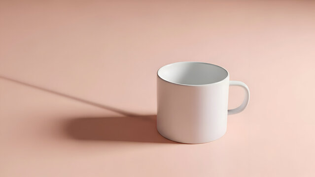 White ceramic coffee mug on a pastel pink background with soft natural light casting a subtle shadow