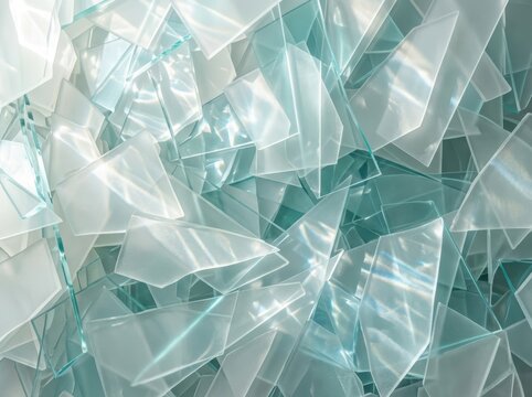 Abstract background featuring sharp shards of broken transparent glass with light reflections and textures