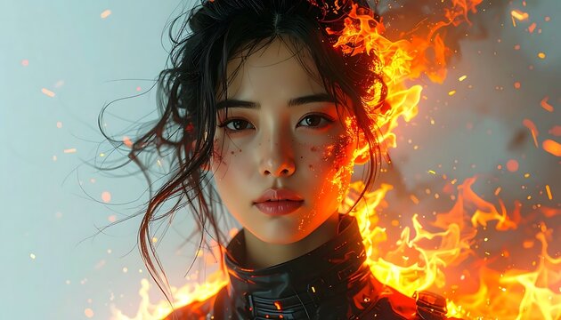 Woman with fiery hair and intense expression portrait.