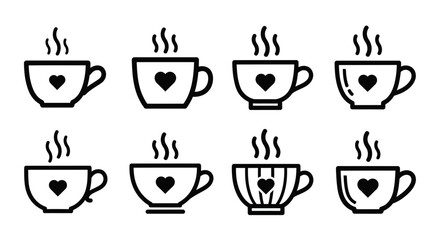 Fototapeta premium Eight black outline coffee cups with steam and heart icons simple flat design elements on white