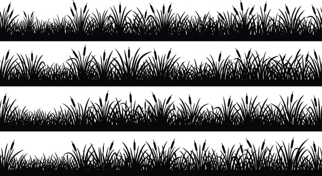 Set of horizontal seamless grass and cattail silhouette borders for nature landscape graphic design