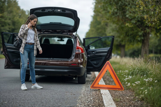 Woman stands beside broken car, distressed, phone to ear. Trunk open, doors ajar, hazard sign placed beside road. Trees line asphalt, wildflowers peek through roadside grass