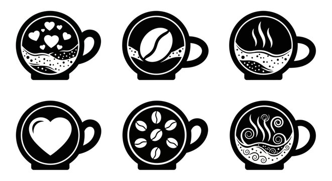Creative coffee cup silhouette icons with interior decorative patterns of beans hearts steam and bubbles for artistic cafe logo design and beverage branding